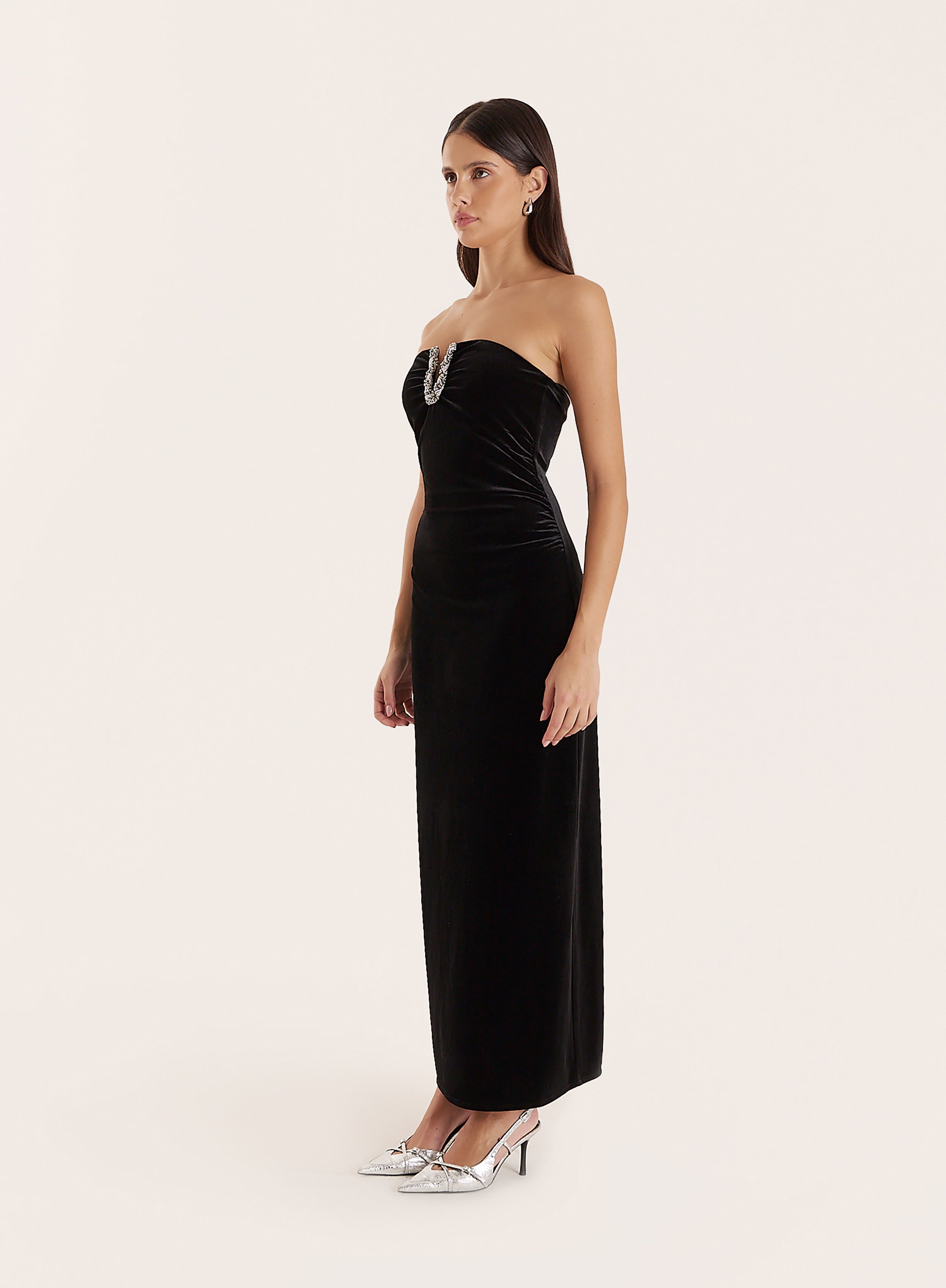 Black Embellished Velvet Midaxi Dress